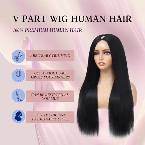 V Part Wig Human Hair Straight Human Hair Wigs Upgrade U Part Human Hair Wig for Women No Leave Out No Sew In 200% Density Natural Color 24 Inch