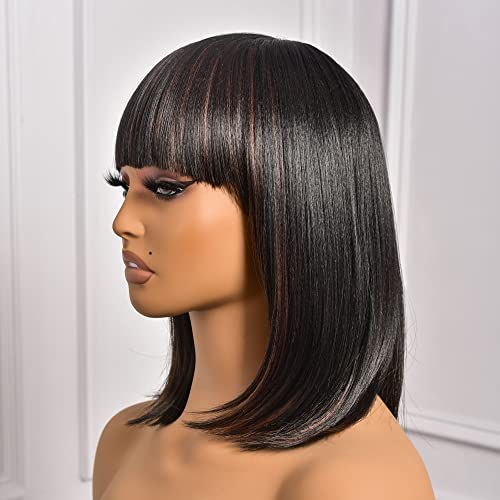 ToyoTress Black Mix Brown Bob Wigs With Bangs - 14 Inch Blunt Cut Bob Wig For Black Women Shoulder Length, Light Yaki Straight Hair Daily Costume Synthetic Hair Wigs(14 Inch, SP1B/30)