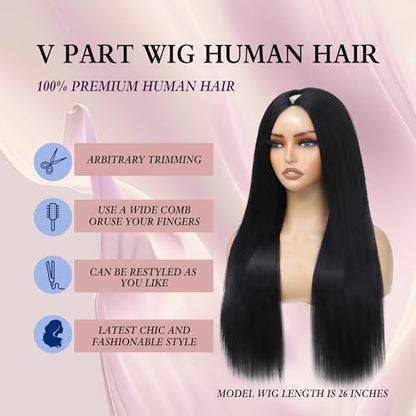 V Part Wig Human Hair Straight Human Hair Wigs Upgrade U Part Human Hair Wig for Women No Leave Out No Sew In 200% Density Natural Color 20 Inch