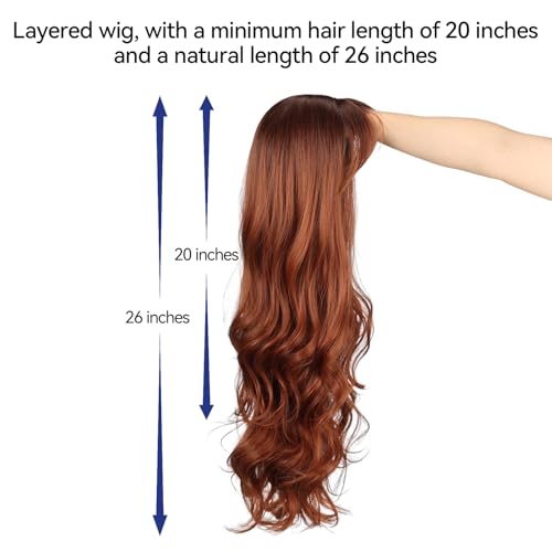 HAIRCUBE Auburn Wig with Bangs for Women Auburn Long Wavy Hair Wig Curly Wavy Synthetic Wigs for Girls Daily Party Use