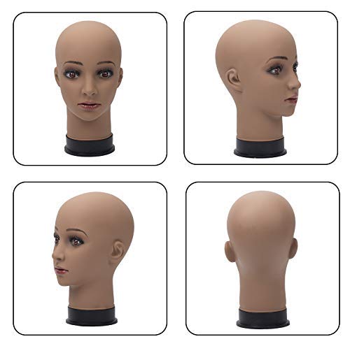 BHD BEAUTY Bald Mannequin Head Brown Female Professional Cosmetology for Wig Making, Display wigs, eyeglasses, hairs with T pins 23''