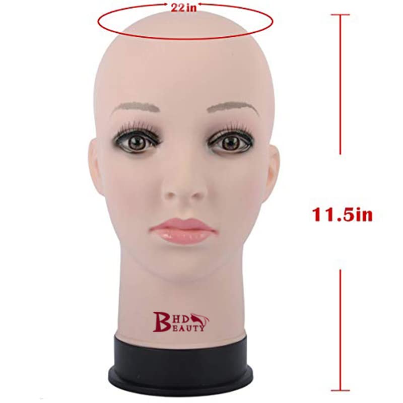 BHD BEAUTY Bald Mannequin Head Beige Female Professional Cosmetology for Wig Making, Display wigs, eyeglasses, hairs with T pins 22"