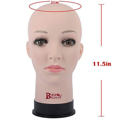 BHD BEAUTY Bald Mannequin Head Beige Female Professional Cosmetology for Wig Making, Display wigs, eyeglasses, hairs with T pins 22"