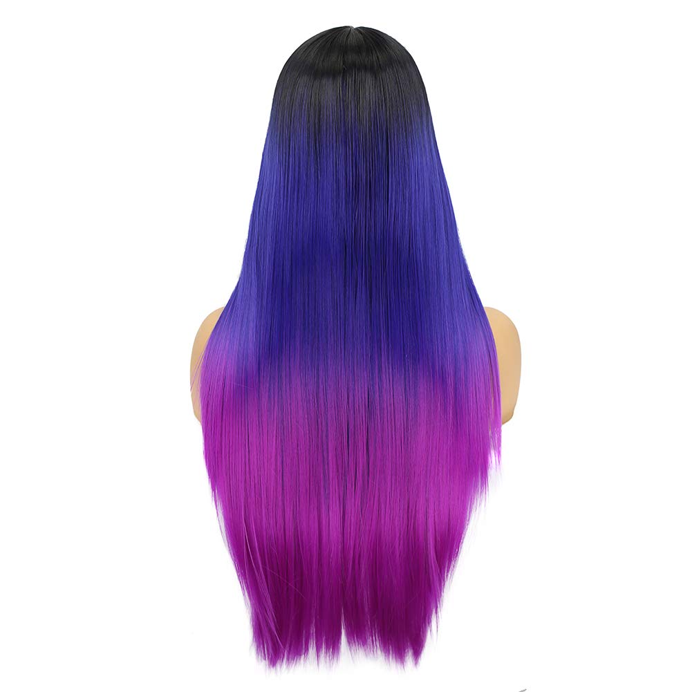 WIGER Long Straight Ombre Wigs Rainbow Mermaid Purple Wigs for Women Black To Blue To Hot Pink No Lace Three-Tone Colored Cosplay Hair 26 Inches Synthetic Girls Party Wig