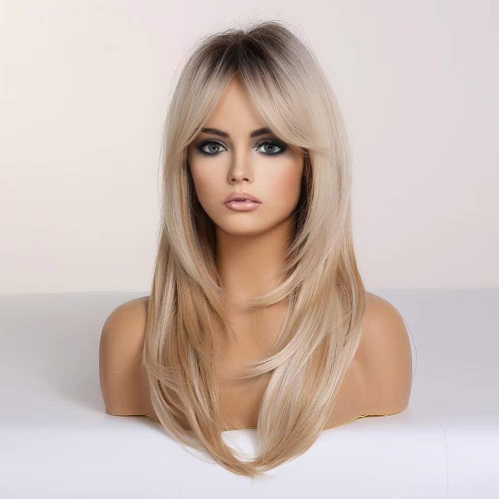 Alanhair Long Ombre Blonde Wigs for Women,HAIRCUBE Layered Synthetic Wig with Bangs Heat Resistant Fiber Daily 24 Inch