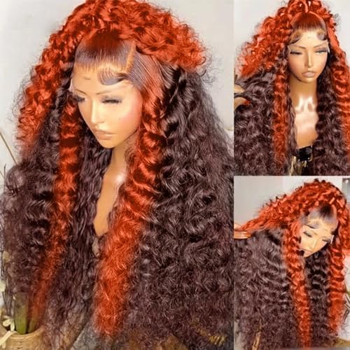 250 Density Curly Lace Front Wigs Human Hair Pre Plucked Hairline Glueless Wig 13x6 HD Lace Frontal Wigs for Women Ginger Orange Colored Ombre Wig Brazilian Virgin Hair 24 Inch