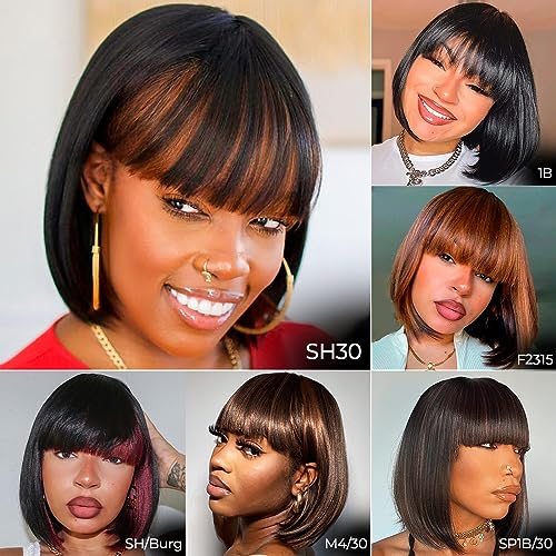 ToyoTress Black Mix Brown Bob Wig With Bangs - 8 Inch Brown Blunt Cut Bob Wigs For Black Women, Short Straight Light Yaki Synthetic Hair Replacement Wigs Daily Costume Cosplay (8 Inch, SP1B/30)