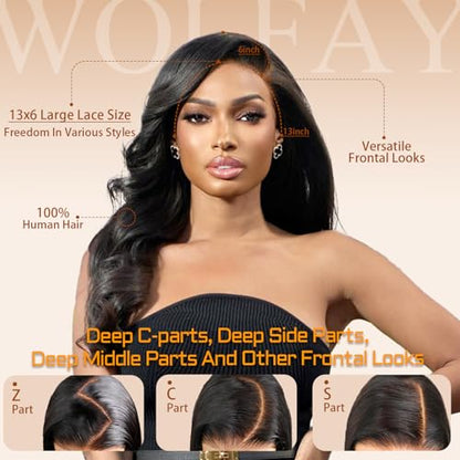 Wolfay 26 Inch 13x6 HD Lace Front Wigs Human Hair Body Wave 13x6 Transparent Frontal Wigs Human Hair Pre Plucked Natural Hairline 180% Density Glueless Wig for Women Daily Party Natural Black