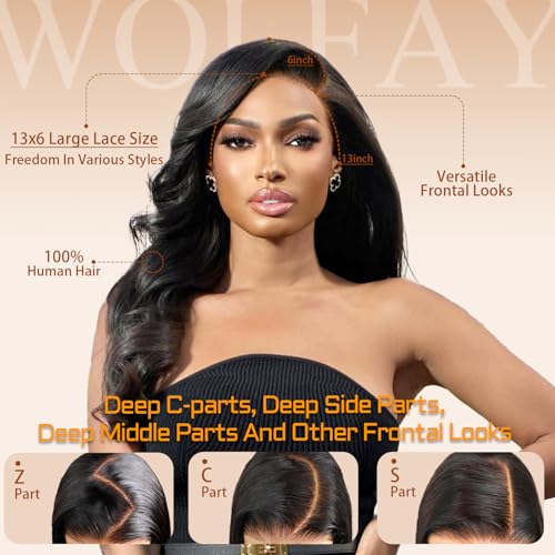 Wolfay 34 Inch 13x6 HD Lace Front Wigs Human Hair Body Wave 13x6 Transparent Frontal Wigs Human Hair Pre Plucked Natural Hairline 180% Density Glueless Wig for Women Daily Party Natural Black