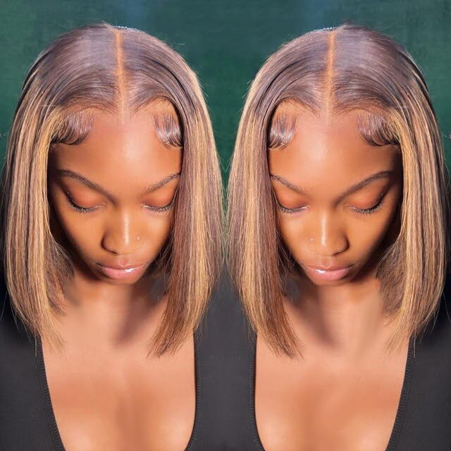 Ombre Highlight Bob Wig Human Hair 13x4 Lace Front Wigs P4/27 Colored Wigs 14 Inch Honey Blonde Bob Human Hair Wig 180 Density Glueless Short Human Hair Wigs for Women Pre Plucked With Baby Hair