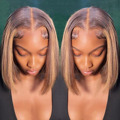 Ombre Highlight Bob Wig Human Hair 13x4 Lace Front Wigs P4/27 Colored Wigs 14 Inch Honey Blonde Bob Human Hair Wig 180 Density Glueless Short Human Hair Wigs for Women Pre Plucked With Baby Hair