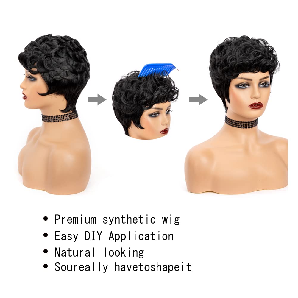 MUJGOO Natural Black Pixie Cut Wig for Black Women Synthetic Pixie Wigs Curly Short Wigs for Black Women Black Layered Wig with Bangs Wavy Short Curly Wig(Black)