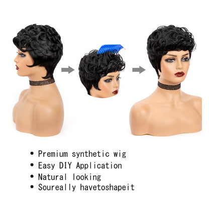 MUJGOO Natural Black Pixie Cut Wig for Black Women Synthetic Pixie Wigs Curly Short Wigs for Black Women Black Layered Wig with Bangs Wavy Short Curly Wig(Black)