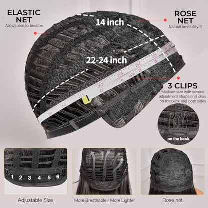 ToyoTress Black Mix Brown Bob Wig With Bangs - 8 Inch Brown Blunt Cut Bob Wigs For Black Women, Short Straight Light Yaki Synthetic Hair Replacement Wigs Daily Costume Cosplay (8 Inch, SP1B/30)