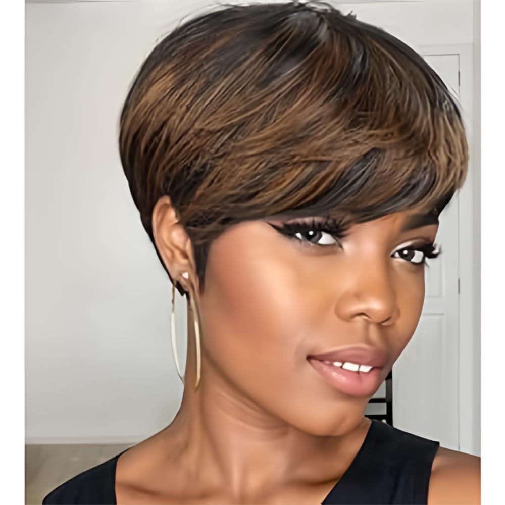 MUJGOO Pixie Wigs Short Wigs for Black Women Brown Short Pixie Cut Wigs for Black Women Layered Wigs with Bangs for Women (Mixing black and brown)