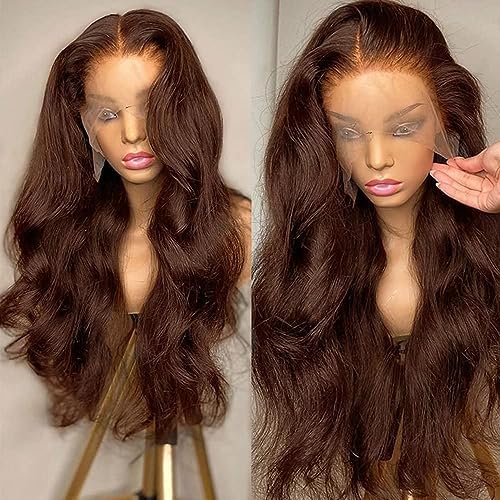 250% Density Chocolate Brown Lace Front Wig Human Hair 13x4 Body Wave Lace Front Wigs with Baby Hair Colored Human Hair Wigs For Women HD Transparent Lace Front Wig(26 Inch,Chocolate Brown Wig)
