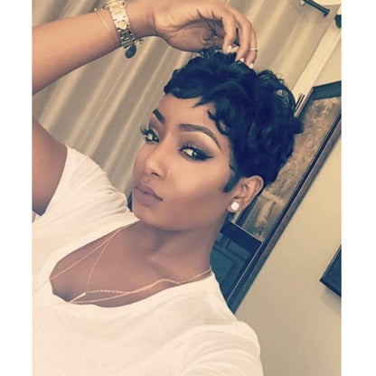 MUJGOO Natural Black Pixie Cut Wig for Black Women Synthetic Pixie Wigs Curly Short Wigs for Black Women Black Layered Wig with Bangs Wavy Short Curly Wig(Black)