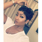 MUJGOO Natural Black Pixie Cut Wig for Black Women Synthetic Pixie Wigs Curly Short Wigs for Black Women Black Layered Wig with Bangs Wavy Short Curly Wig(Black)