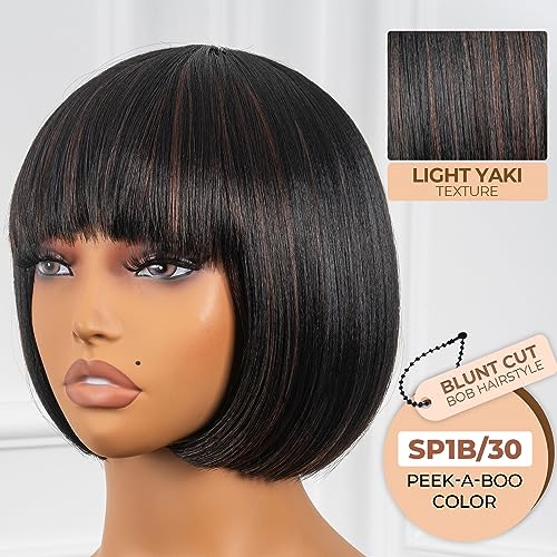 ToyoTress Black Mix Brown Bob Wig With Bangs - 8 Inch Brown Blunt Cut Bob Wigs For Black Women, Short Straight Light Yaki Synthetic Hair Replacement Wigs Daily Costume Cosplay (8 Inch, SP1B/30)