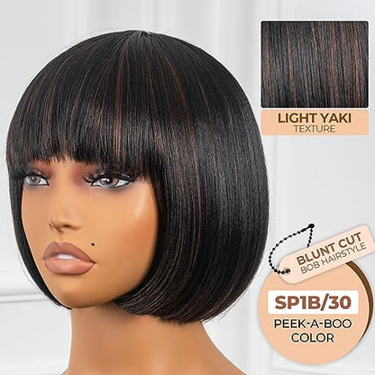 ToyoTress Black Mix Brown Bob Wig With Bangs - 8 Inch Brown Blunt Cut Bob Wigs For Black Women, Short Straight Light Yaki Synthetic Hair Replacement Wigs Daily Costume Cosplay (8 Inch, SP1B/30)
