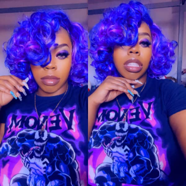 andromeda Short Curly Wigs for Black Women Soft Mixed Blue Purple Big Curly Wig with Bangs Cute Loose Curly Cosplay Party Daily Synthetic Wig for African American Women（Mixed Blue Purple）