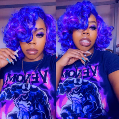 andromeda Short Curly Wigs for Black Women Soft Mixed Blue Purple Big Curly Wig with Bangs Cute Loose Curly Cosplay Party Daily Synthetic Wig for African American Women（Mixed Blue Purple）