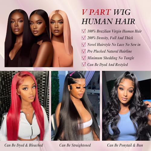 V Part Wig Human Hair Straight Human Hair Wigs Upgrade U Part Human Hair Wig for Women No Leave Out No Sew In 200% Density Natural Color 20 Inch