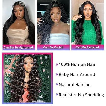 200% Density Loose Wave Lace Front Wigs Human Hair Pre Plucked 360 HD Transparent Lace Wig With Baby Hair - Natural Color (18 Inch)