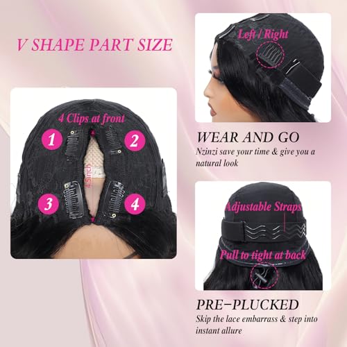 V Part Wig Human Hair Straight Human Hair Wigs Upgrade U Part Human Hair Wig for Women No Leave Out No Sew In 200% Density Natural Color 24 Inch