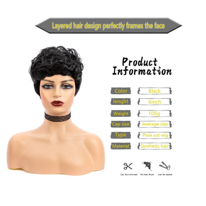 MUJGOO Natural Black Pixie Cut Wig for Black Women Synthetic Pixie Wigs Curly Short Wigs for Black Women Black Layered Wig with Bangs Wavy Short Curly Wig(Black)