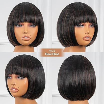 ToyoTress Black Mix Brown Bob Wig With Bangs - 8 Inch Brown Blunt Cut Bob Wigs For Black Women, Short Straight Light Yaki Synthetic Hair Replacement Wigs Daily Costume Cosplay (8 Inch, SP1B/30)
