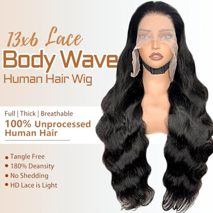 Wolfay 22 Inch 13x6 HD Lace Front Wigs Human Hair Body Wave 13x6 Transparent Frontal Wigs Human Hair Pre Plucked Natural Hairline 180% Density Glueless Wig for Women Daily Party Natural Black