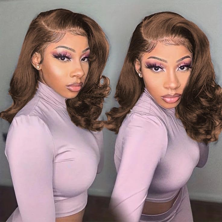 Brown Bob Wig Human Hair 13x4 Frontal Lace Wig 16 Inch Body Wave HD Lace Front Wigs Human Hair Pre Plucked Glueless Bob Wigs for Women (#4 Brown, 16 Inch)