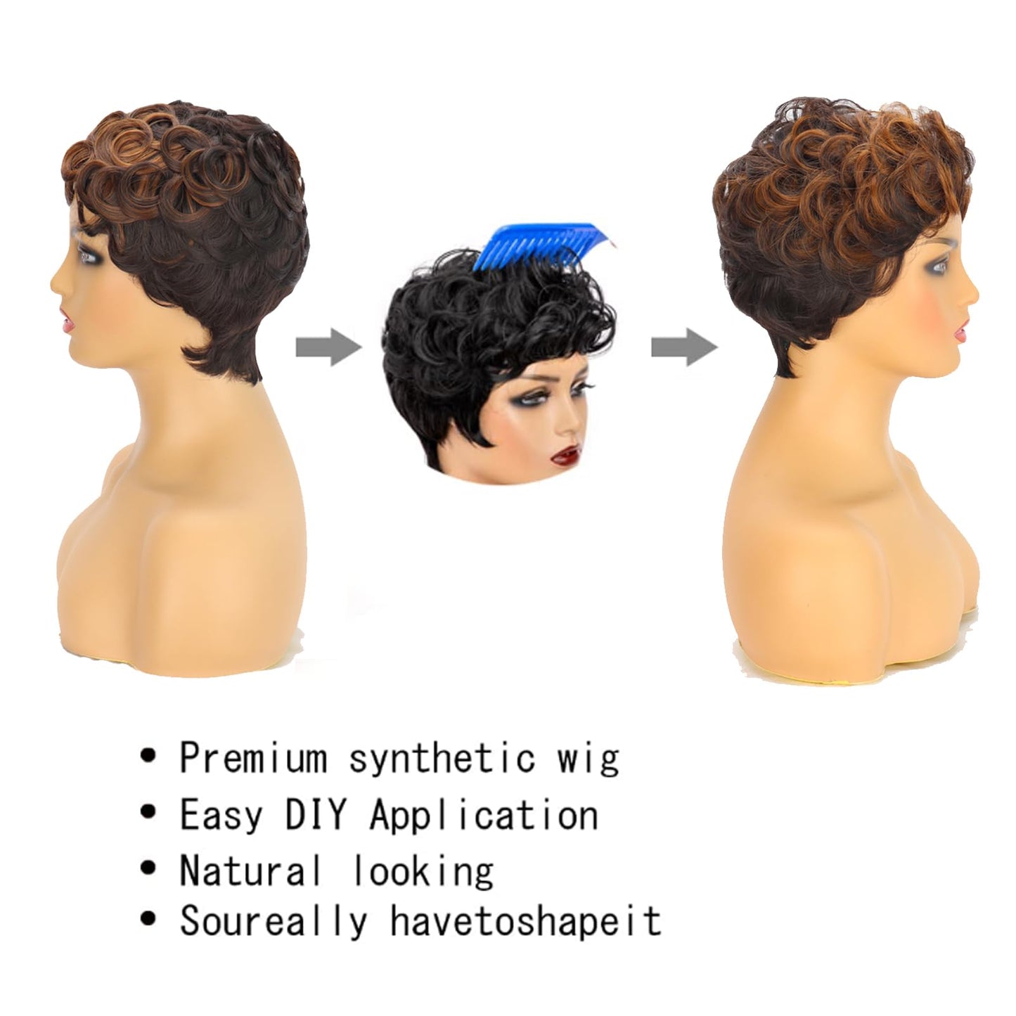 MUJGOO Short Curly Pixie Cut Wigs for Black Women Black Ombre Brown 6inch Short Pixie Wigs for Black Women With Bangs (Black and brown)