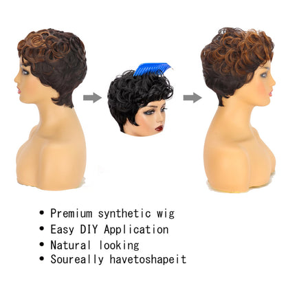 MUJGOO Short Curly Pixie Cut Wigs for Black Women Black Ombre Brown 6inch Short Pixie Wigs for Black Women With Bangs (Black and brown)