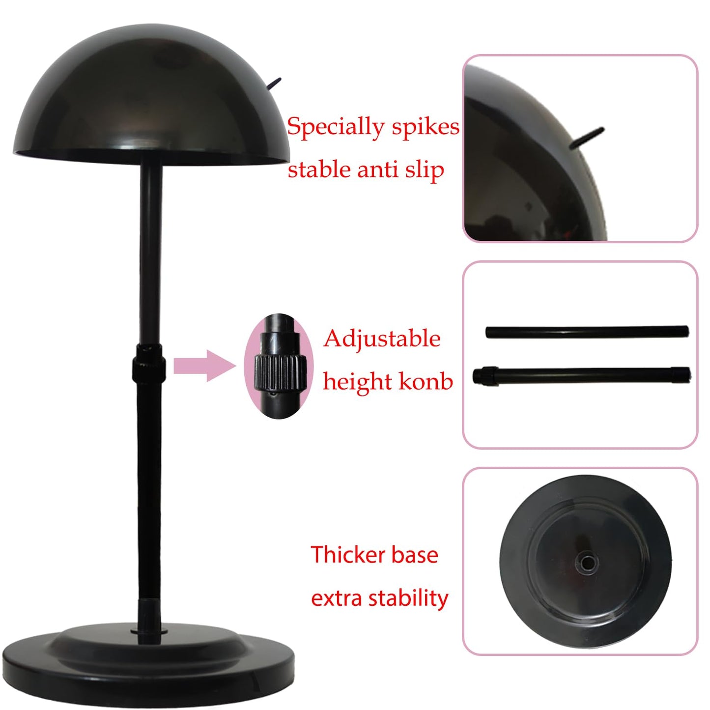 Wig Stand 1PC Adjustable Height Black Plastic Wig Head Stand Portable Wig Holder Stands Non-Slip Wig Head Holders Sturdy for Multiple Wigs and Hats Styling Drying Display