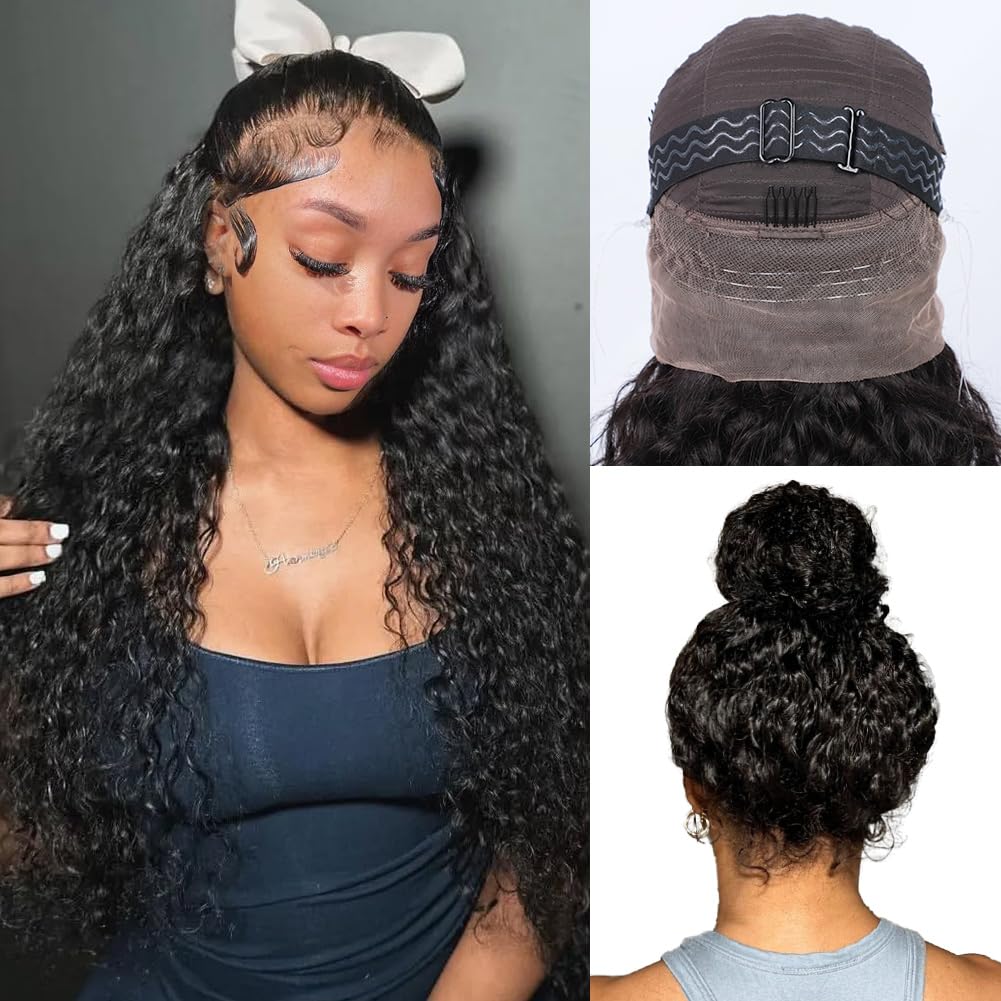 Ebarly Hidden Strap 360 Full Lace Front Wigs Human Hair Pre Plucked Bleached Knots 180 Density Water Wave HD Lace Frontal Wig with Drawstring Natural Hairline Glueless Wigs for Women(24 inch)