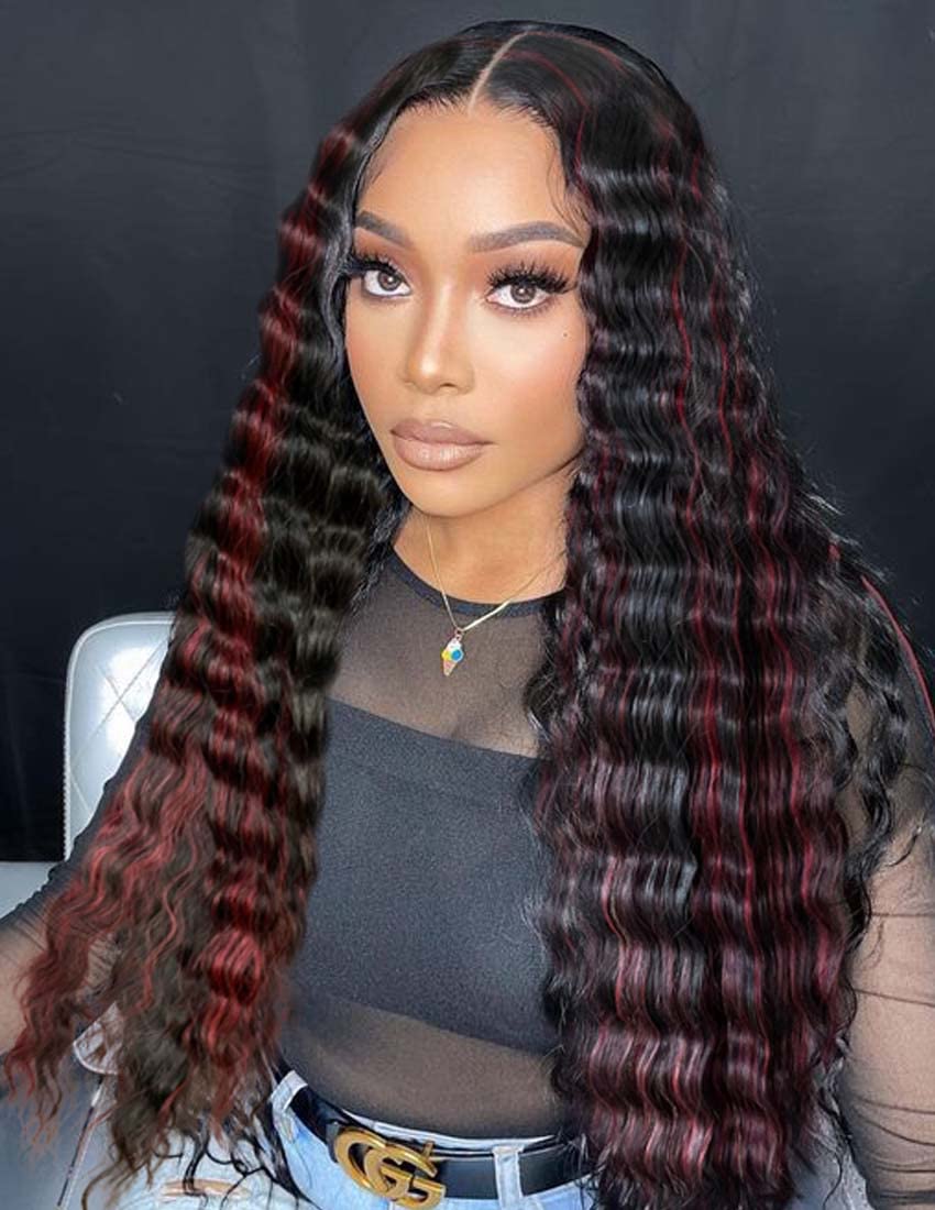 INSTASTYLE Burgundy Red Highlight Wig 30 inch Loose Deep Wave Wigs Synthetic Long Curly Wigs for Women Simulated Scalp Lace Front Wig Crimps Curls