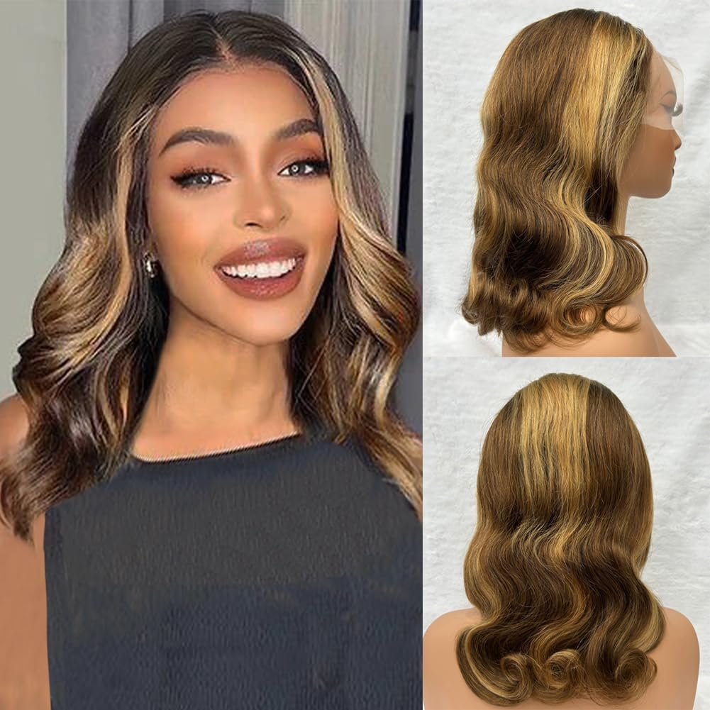 Honey Blonde Bob Wig Human Hair 16 Inch 13x4 Body Wave 4/27 Highlight Ombre HD Lace Front Wigs Human Hair Pre Plucked Glueless Lace Frontal Bob Wigs for Women
