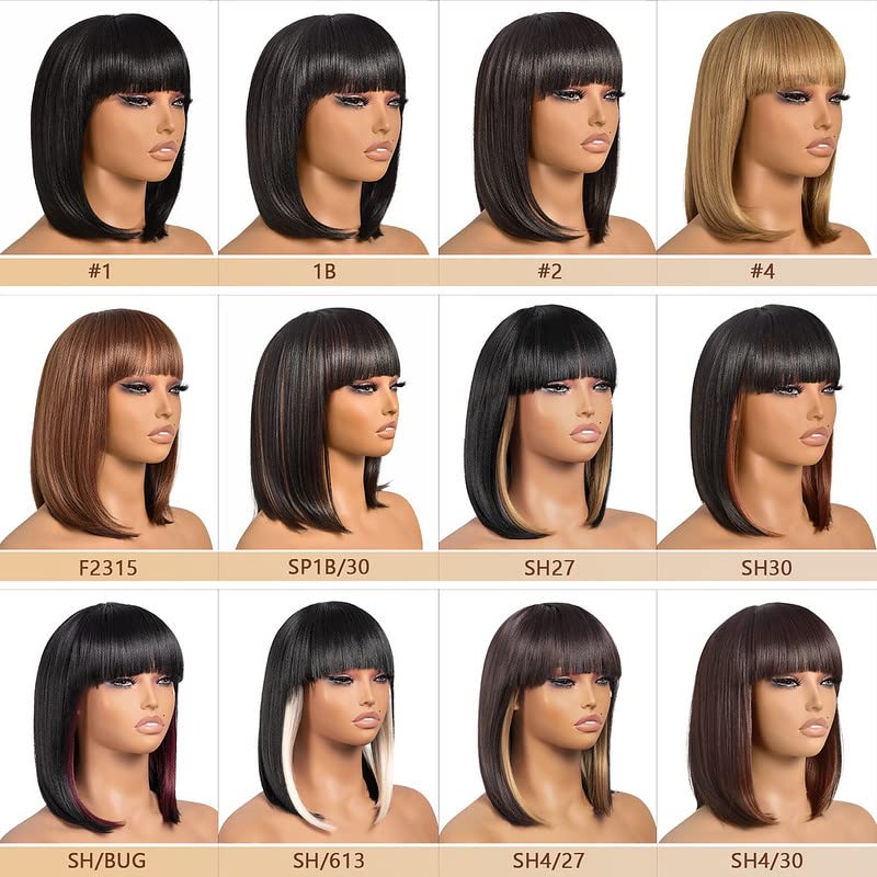 ToyoTress Black Mix Brown Bob Wigs With Bangs - 14 Inch Blunt Cut Bob Wig For Black Women Shoulder Length, Light Yaki Straight Hair Daily Costume Synthetic Hair Wigs(14 Inch, SP1B/30)