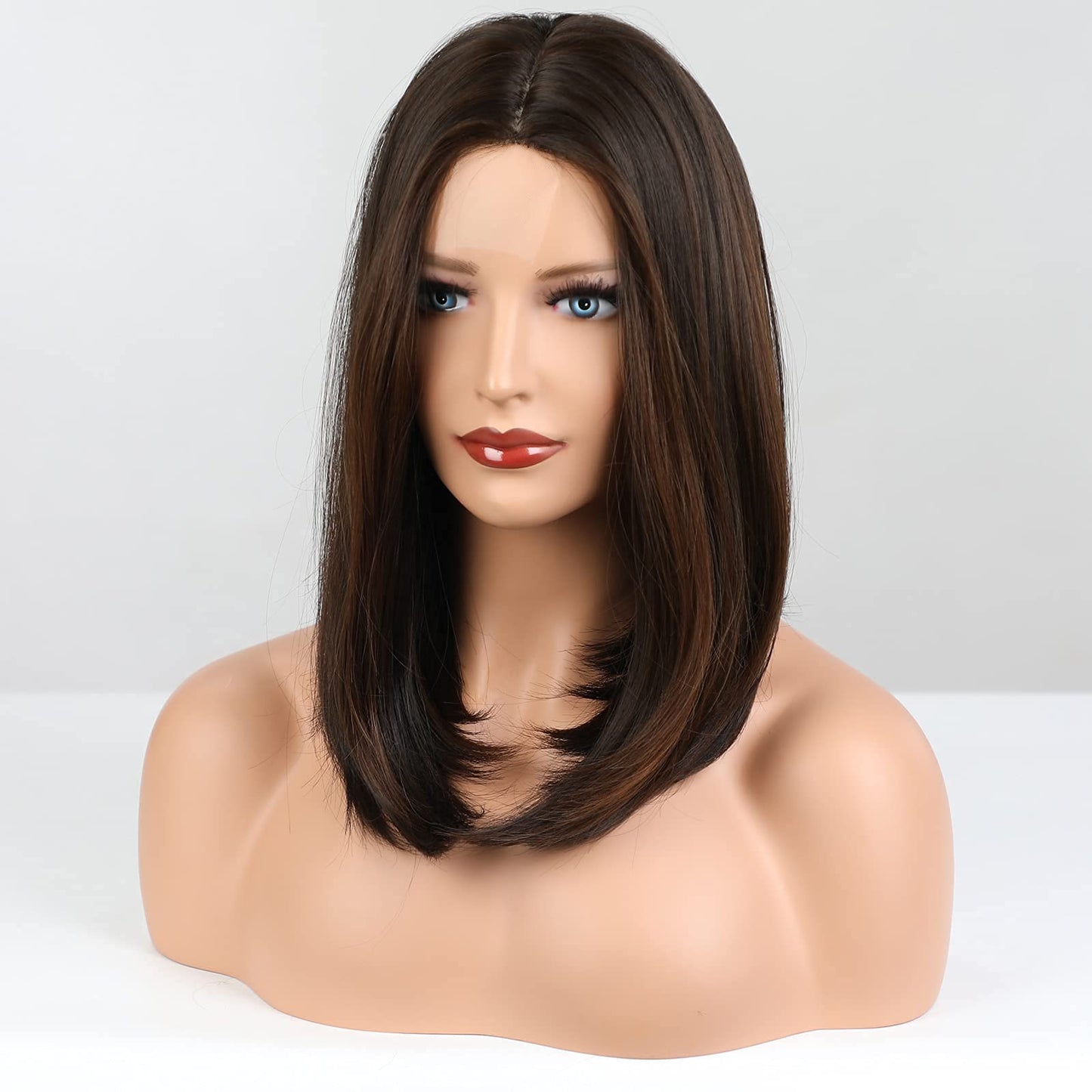 HAIRCUBE Short Dark Brown Bob Wigs Shoulder Length Wigs for Women Middle Part Heat Resistant Fibre Synthetic Wig Daily Natural looking