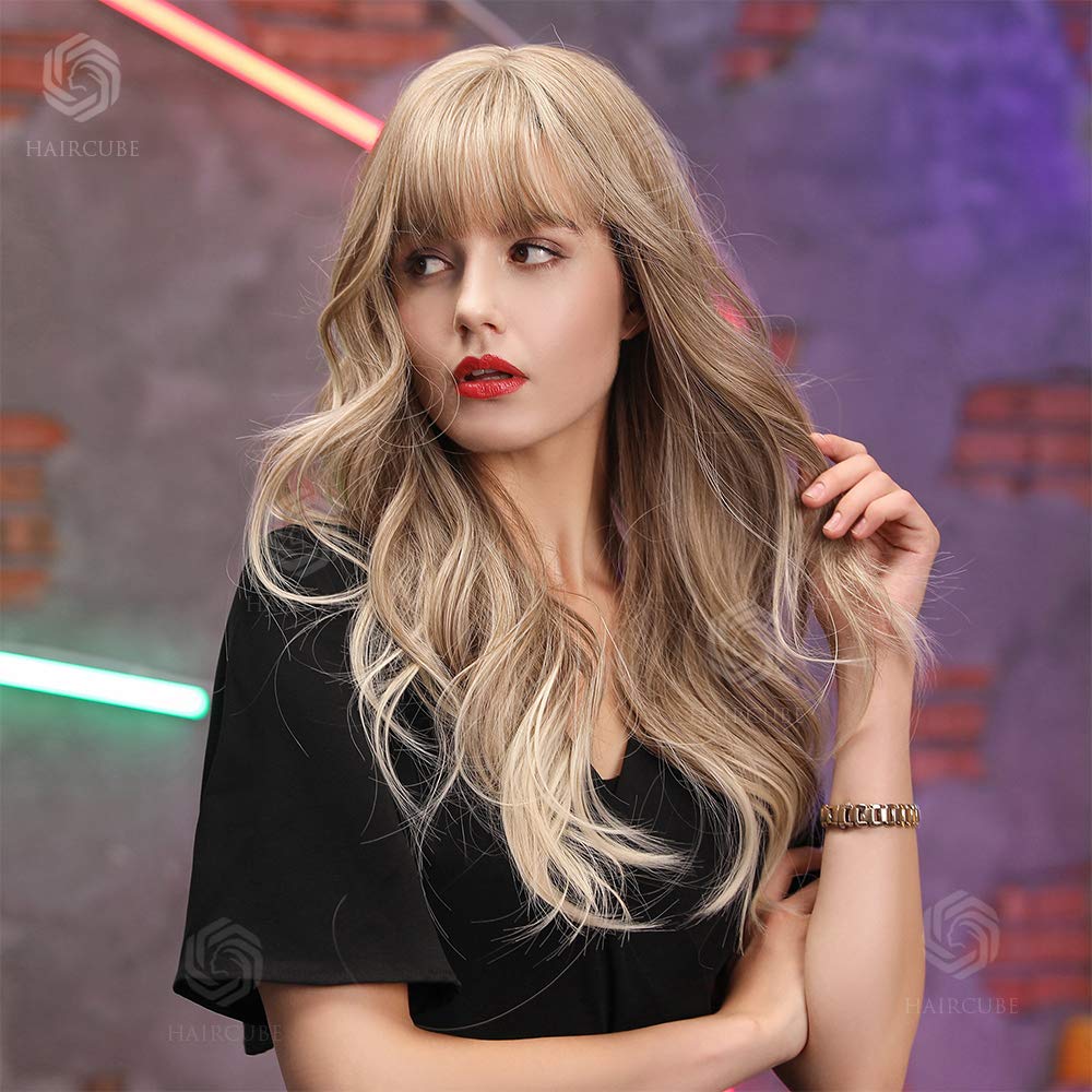 HAIRCUBE 24 Inch Ash Blonde Wig Long Curly Wigs for Women Heat Resistant Synthetic Wigs for White Women with Bangs Gray