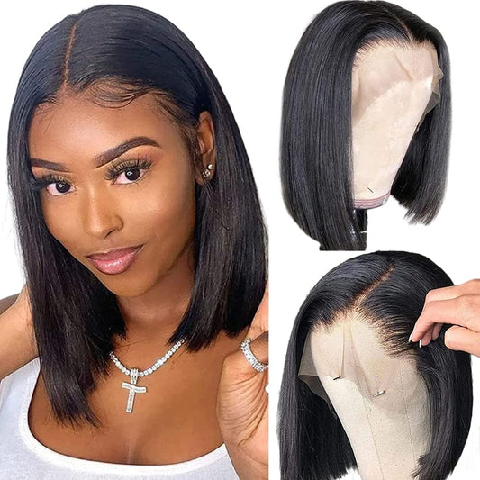 Qangelabeauty 14 inch Short Bob Wigs 13x4 Frontal Bob Transparent Lace Front Wigs Human Hair Pre Plucked Brazilian Virgin Hair Wigs for Black Women Natural Black