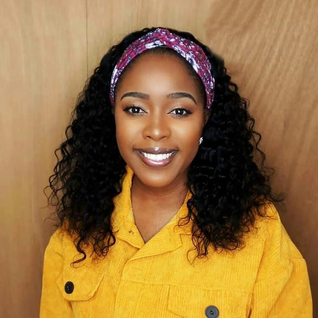 Headband Wig Human Hair Deep Wave 14 inch Glueless None Lace Front Human Hair Machine Made Half Wigs for Black Women Human Hair Headband Wig Deep Wave 150% Density Natural Color