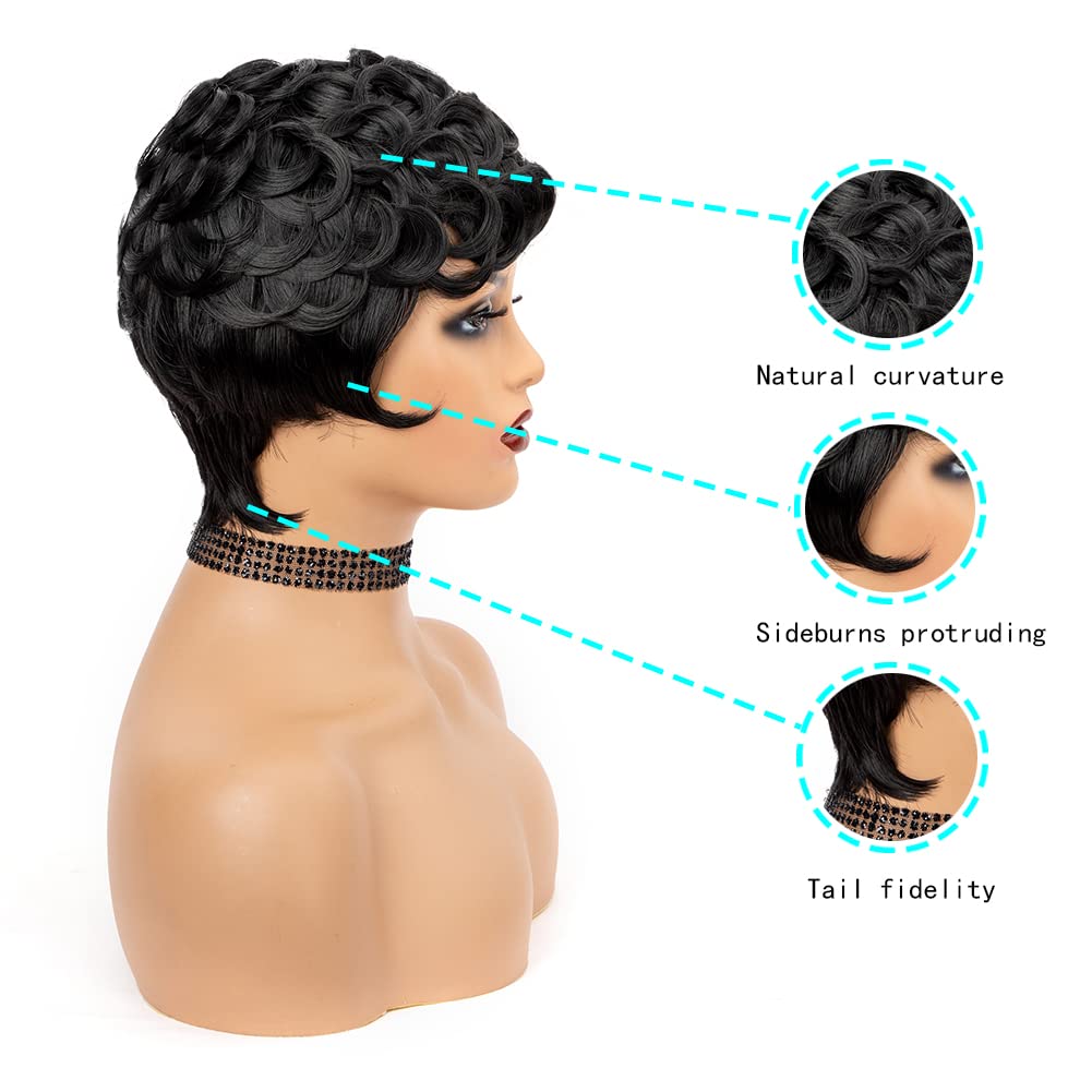 MUJGOO Natural Black Pixie Cut Wig for Black Women Synthetic Pixie Wigs Curly Short Wigs for Black Women Black Layered Wig with Bangs Wavy Short Curly Wig(Black)