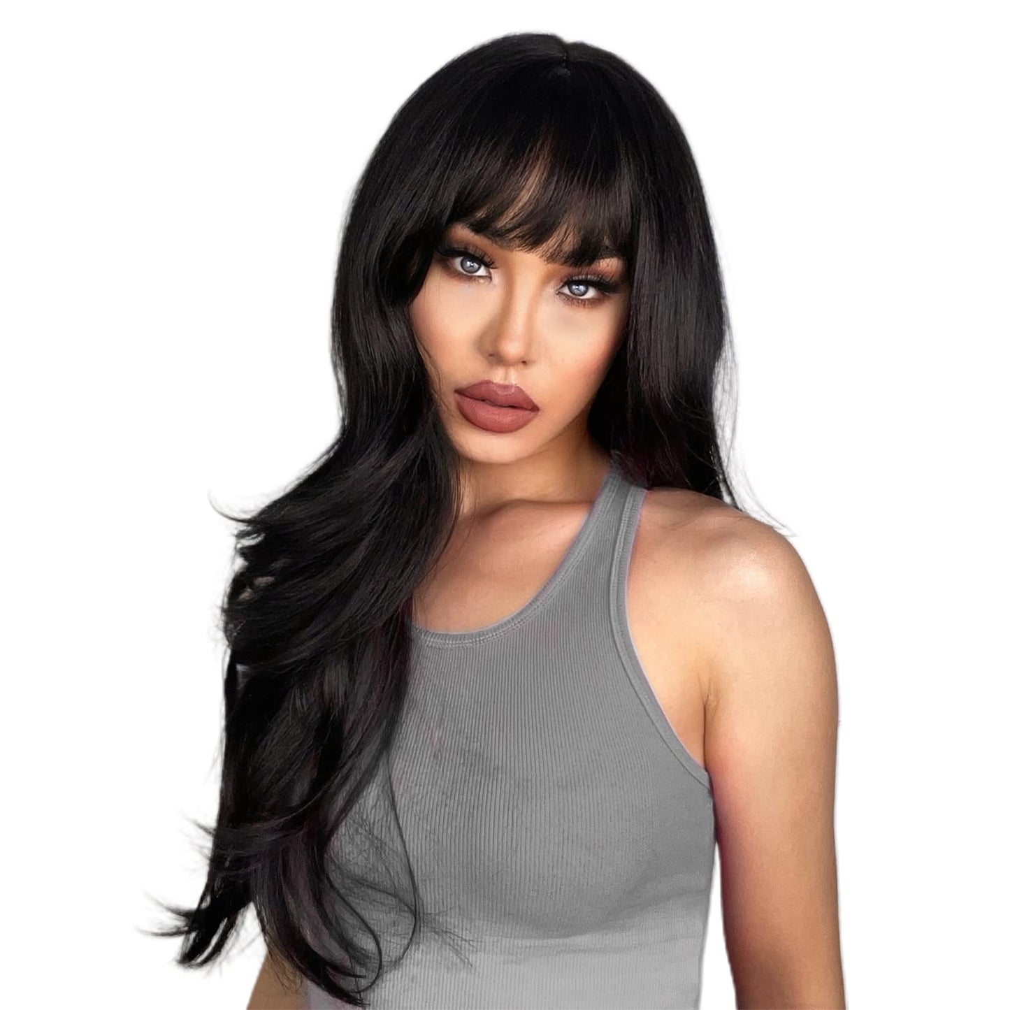 N NAYASA Long Black Wigs with Bangs Layered Wigs for Women Synthetic Heat Resistant Wig Natural Looking Realistic Wigs for Daily Party Use (24 inch)