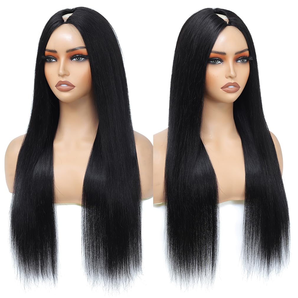Aolvoblees V Part Wig Human Hair Straight No Leave Out Upgrade U Part Wig for Women Clip in Half Wig Beginner Friendly 200% Density No Lace No Glue No Sew Natural Black 20 Inch