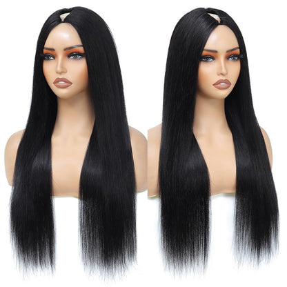Aolvoblees V Part Wig Human Hair Straight No Leave Out Upgrade U Part Wig for Women Clip in Half Wig Beginner Friendly 200% Density No Lace No Glue No Sew Natural Black 20 Inch