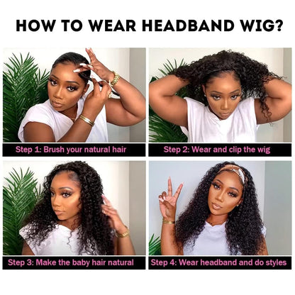 Headband Wig Human Hair Deep Wave 10 inch None Lace Front Wig Human Hair Machine Made Wigs Glueless Curly Hair Headband Half Wigs for Black Women Human Hair Natural Color