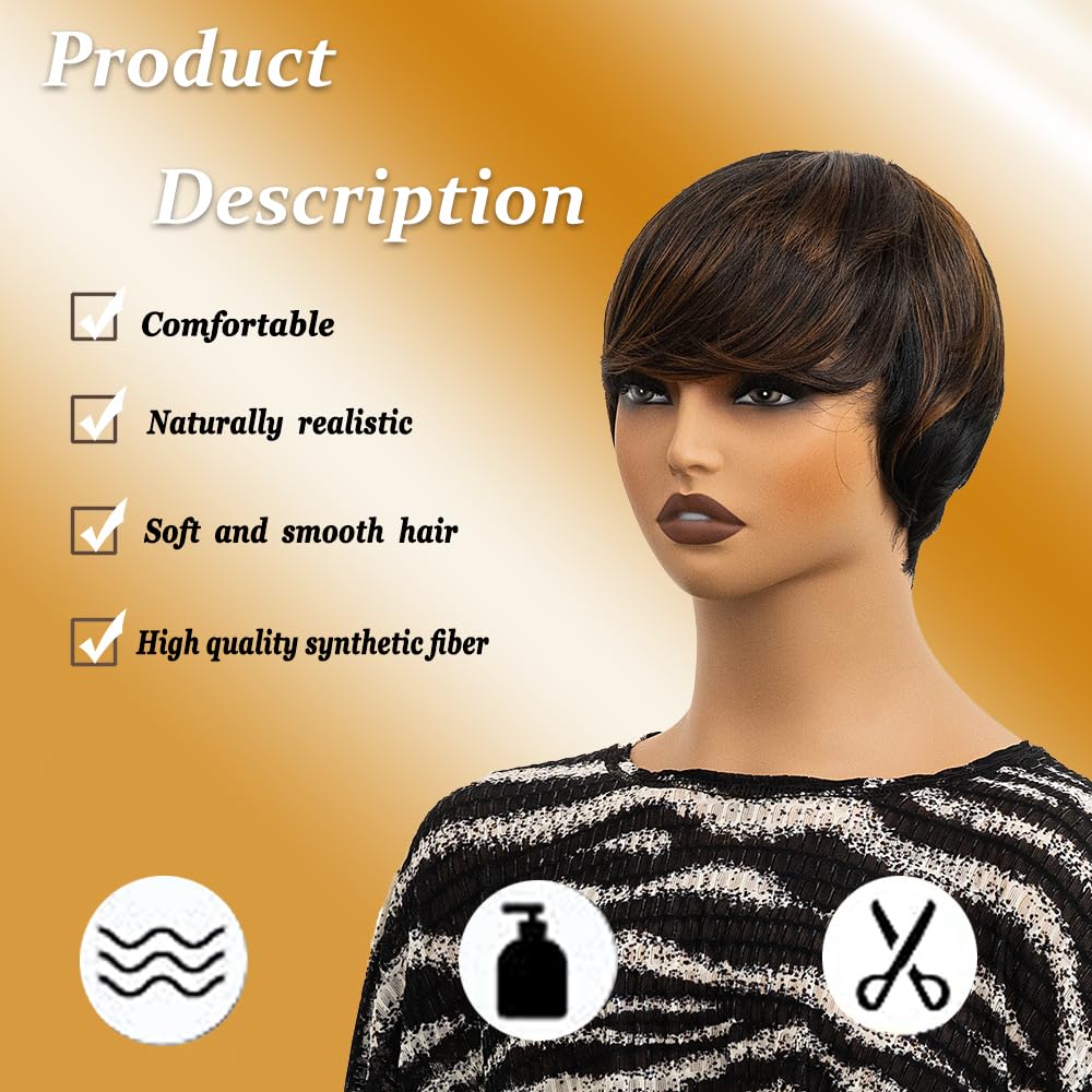 MUJGOO Pixie Wigs Short Wigs for Black Women Brown Short Pixie Cut Wigs for Black Women Layered Wigs with Bangs for Women (Mixing black and brown)